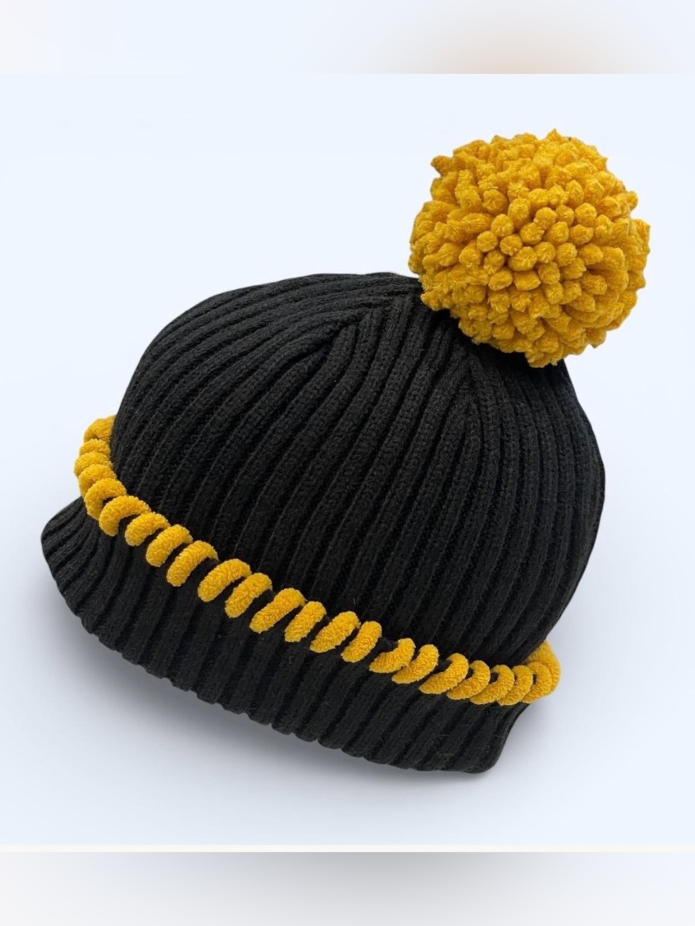Black Knit Beanie with Gold Pom-pom